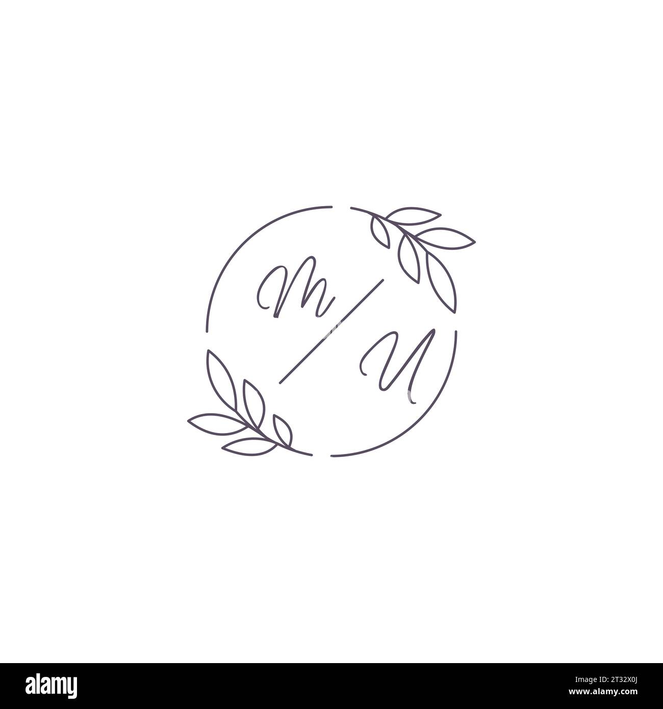 Initials MU monogram wedding logo with simple leaf outline and circle style vector graphic Stock Vector