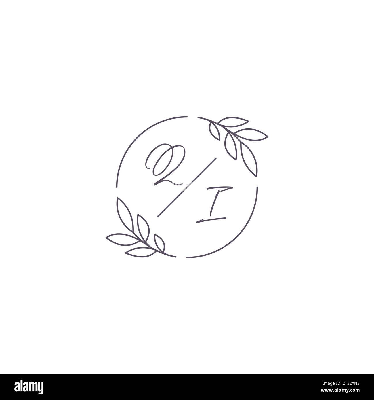 Initials QI monogram wedding logo with simple leaf outline and circle ...