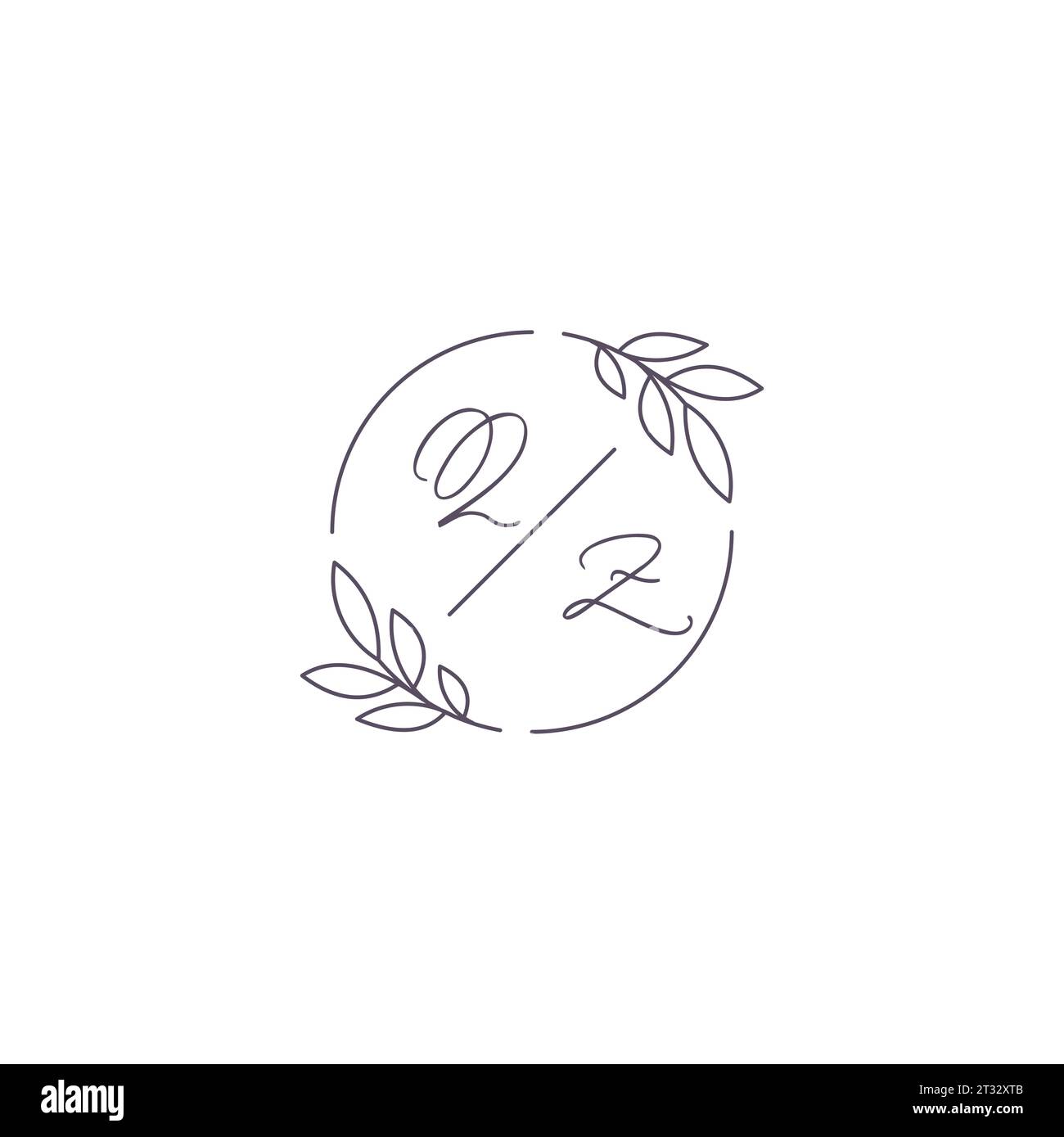 Initials QZ monogram wedding logo with simple leaf outline and circle ...