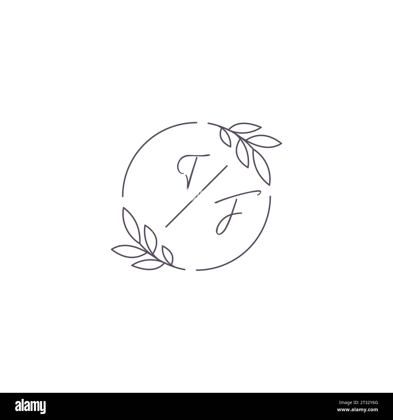Initials TF monogram wedding logo with simple leaf outline and circle ...