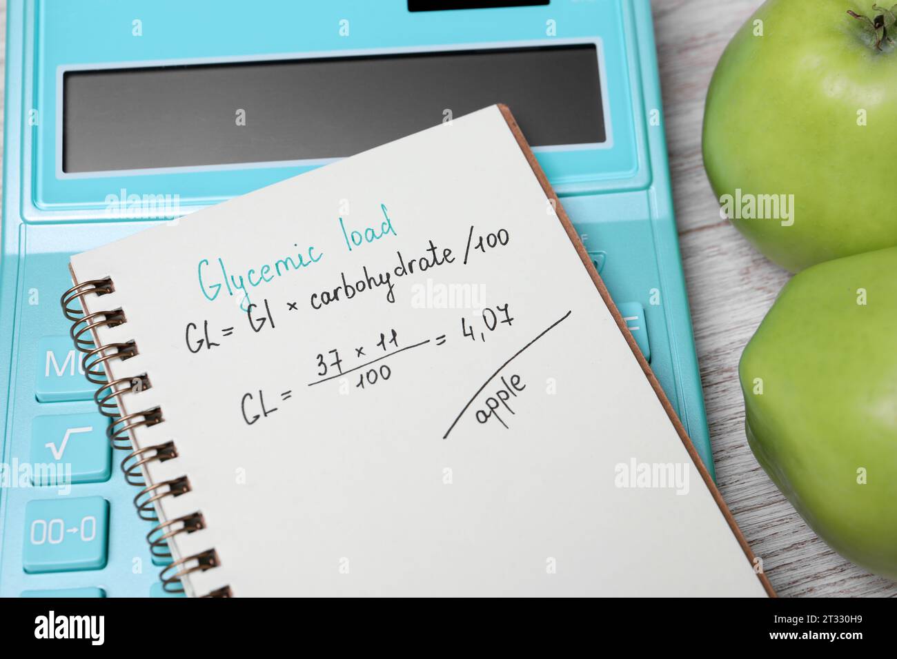 Notebook with calculated glycemic load for apples, calculator and fresh fruits on table, closeup Stock Photo