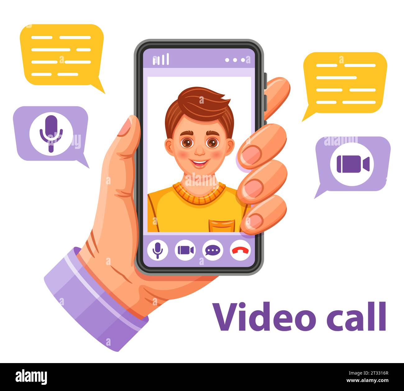 Video call between friends, chatting online by mobile app. Stay at home,  work, communication remotely. Hand holding smartphone. Group of people on  device screen. Internet messenger vector illustration Stock Vector
