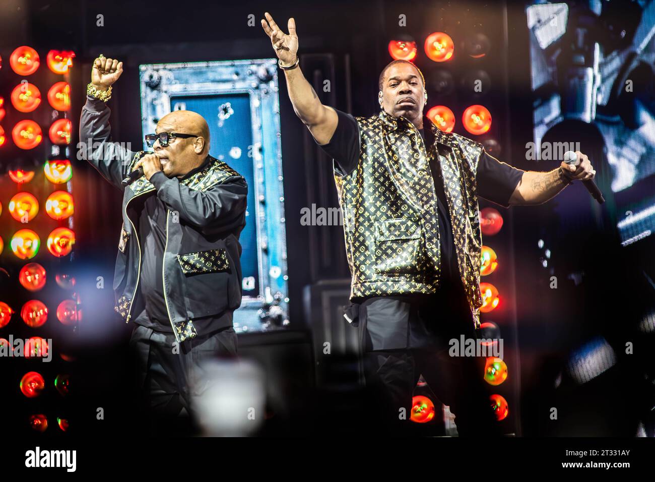 Milan Italy. 22th Oct 2023. The American singer-songwriter and actor Trevor George Smith Jr known professionally as BUSTA RHYMES performs live on stage at Mediolanum Forum opening the show of 50 Cent. Stock Photo