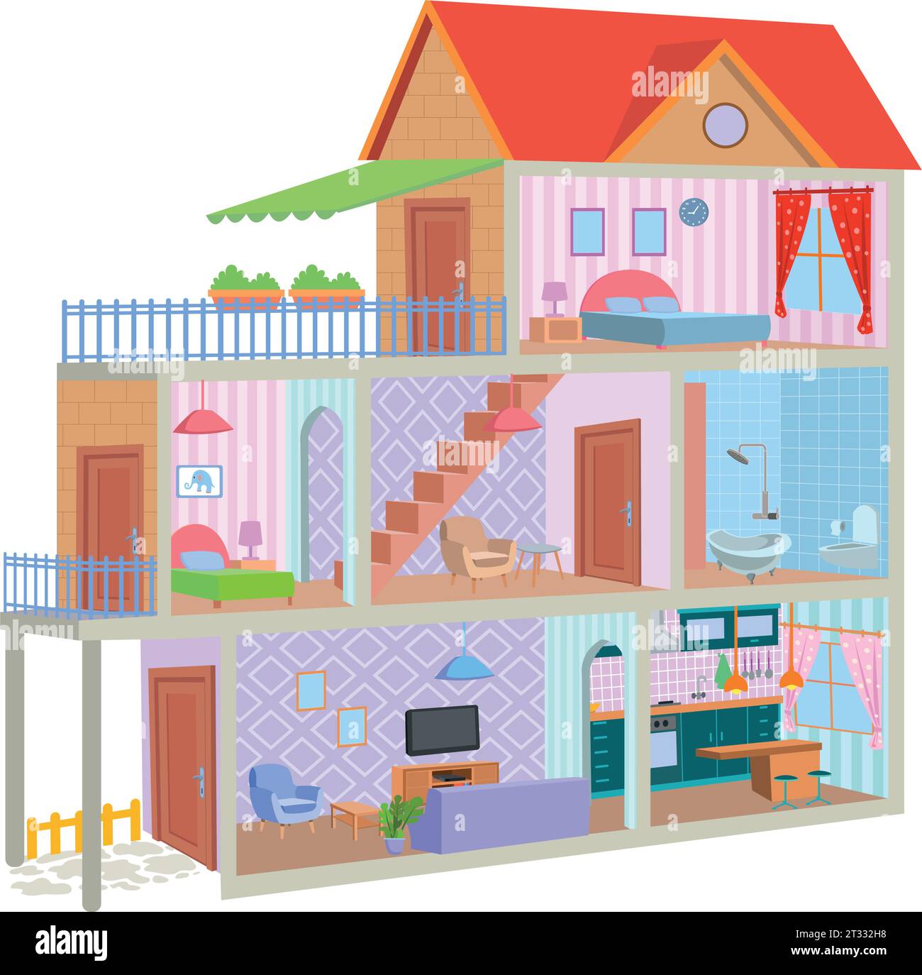 One cut cartoon house and children Stock Vector