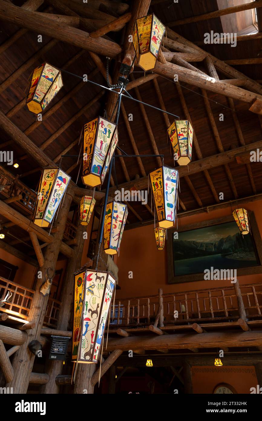 Detail of the rustic chandelier in historic Lake McDonald Lodge in Glacier National Park, Montana. Stock Photo