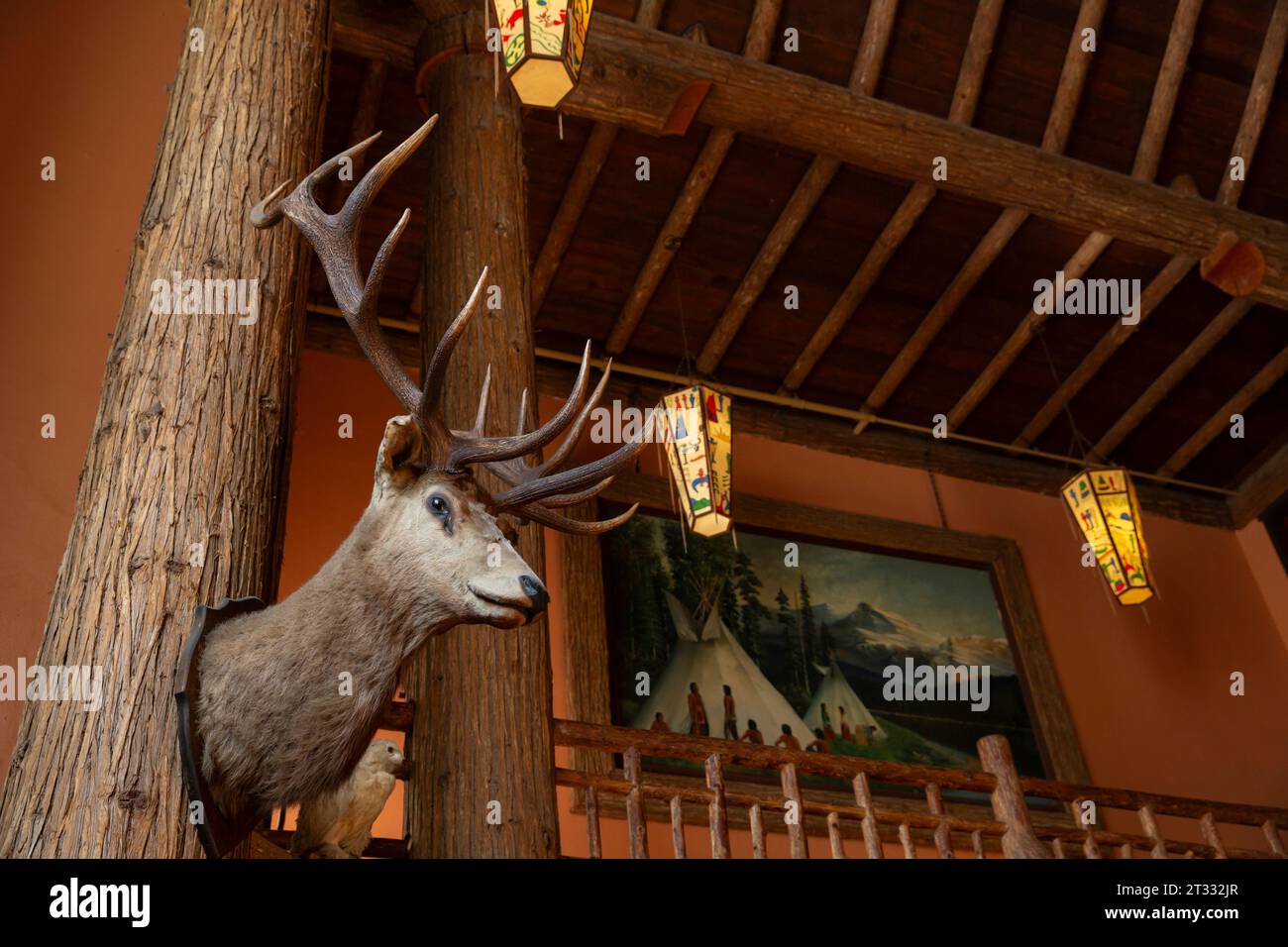 Interior detail of historic Lake McDonald Lodge in Glacier National Park, Montana. Stock Photo