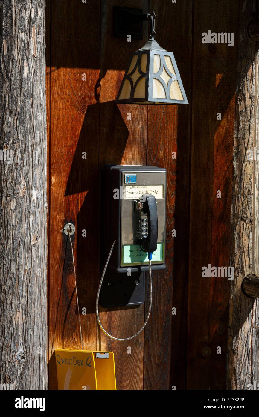 A traditional phone booth at historic Lake McDonald Lodge in Glacier National Park, Montana. Stock Photo