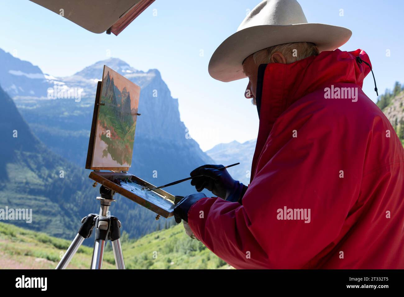 A plein air painter works on a painting of Paradise Meadow along the Going-to-the-Sun Road in Glacier National Park, Montana. Stock Photo