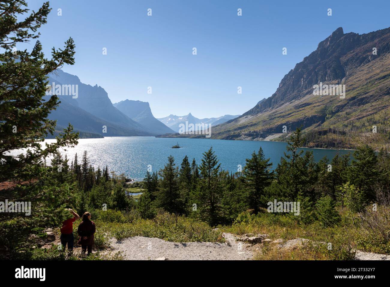 View of Saint Mary Lake from the Wild Goose Island Overlook in Glacier National Park, Montana. Stock Photo