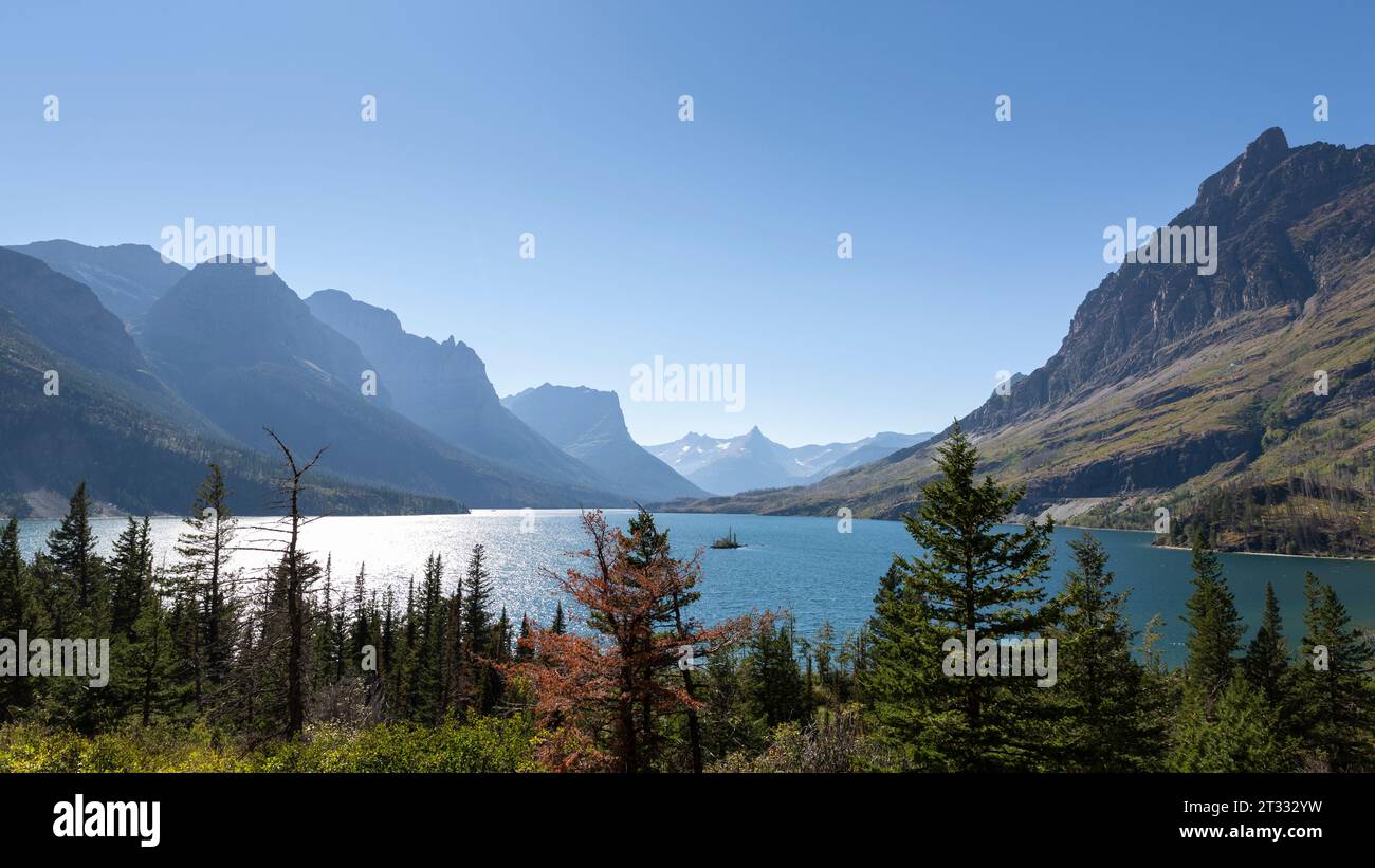 View of Saint Mary Lake from the Wild Goose Island Overlook in Glacier National Park, Montana. Stock Photo