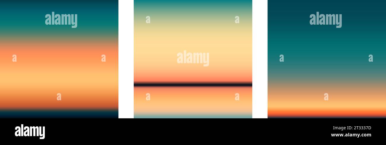 Sunrise or sunset colorful gradients background set. Smooth blurred wallpaper set in orange, yellow, green colors. Abstract night or evening sky horizon backdrop. Vector illustration Stock Vector