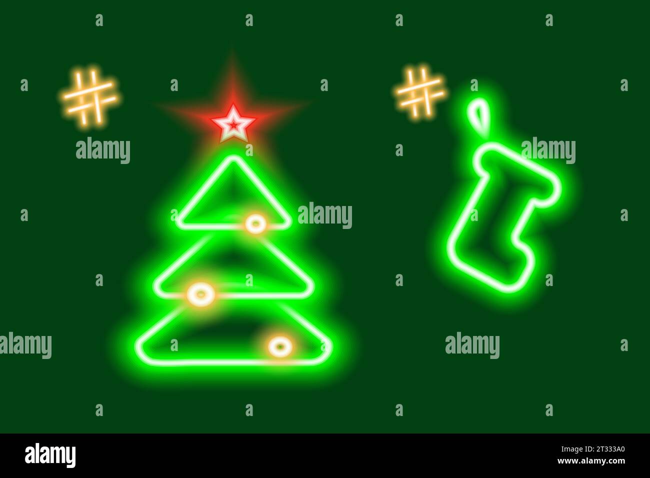 2 Neon glowing Christmas tree and gift sock with hashtags. Design