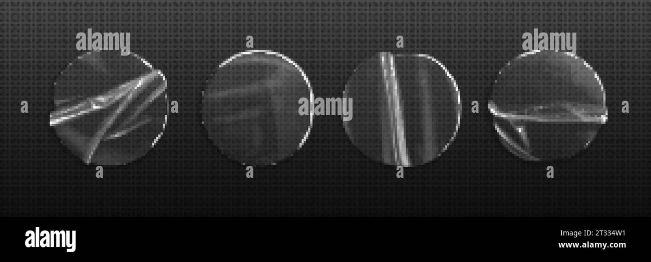 Clear round transparent plastic duct tape sticker vector set. Sticky