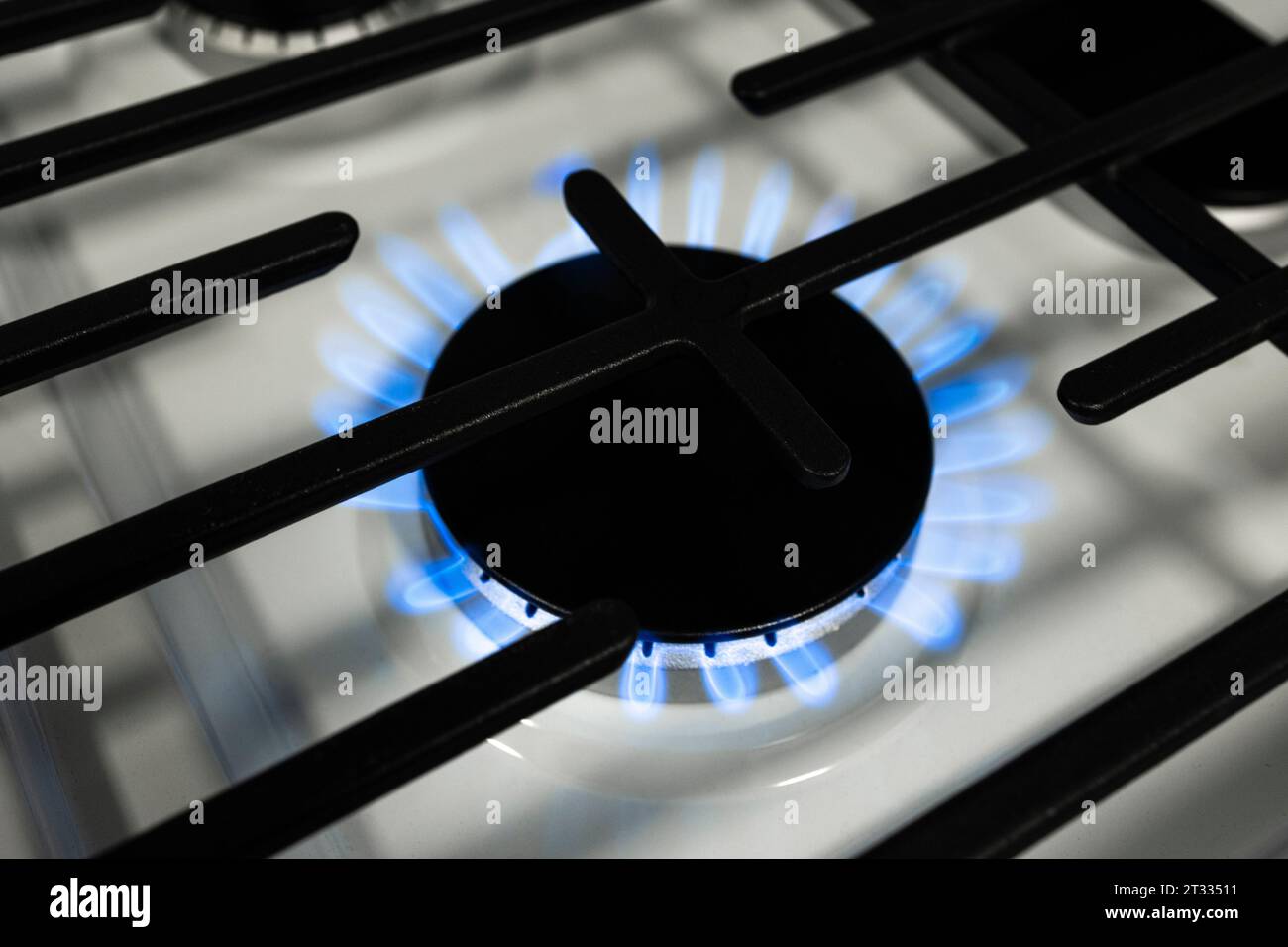 Gas Stove top with lighted burner Stock Photo Alamy