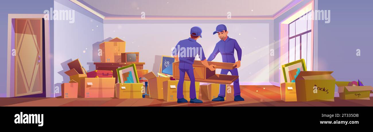 Apartment or house moving. Two porters unloading furniture and ...