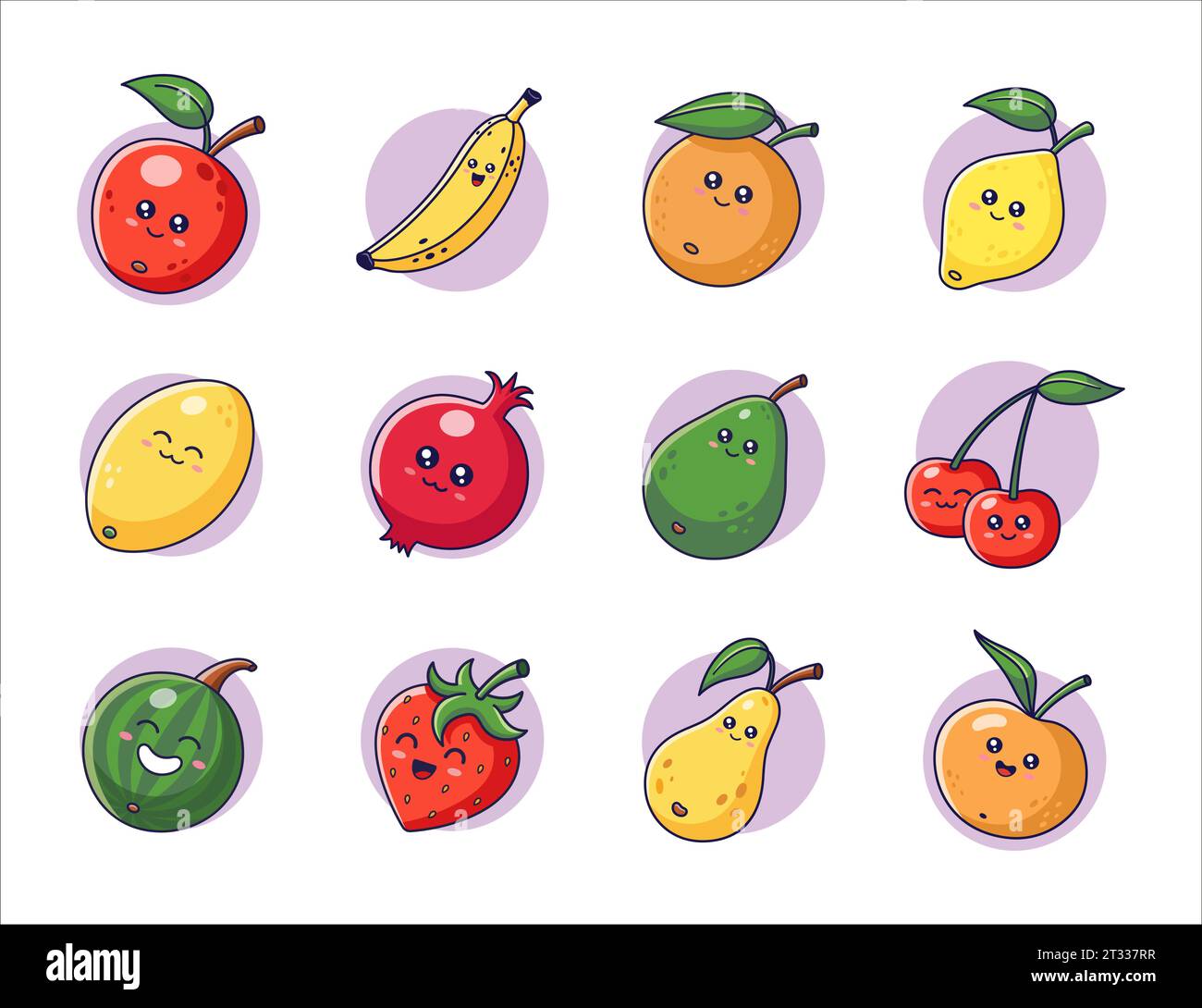 Cute Kawaii Fruits set in cartoon style. Fruits collection. Fruits