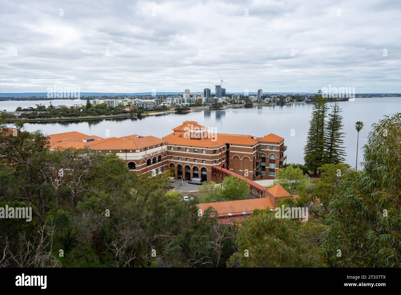 The red-brick building of the Swan Brewery Co by the Swan River. View from the Kings Park, Perth, Australia. Stock Photo