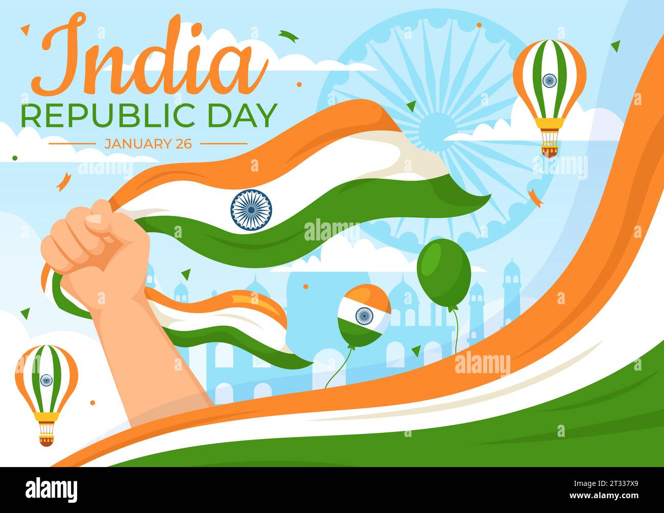 Happy India Republic Day Vector Illustration on 26 January with Indian Flag and Gate in Holiday National Celebration Flat Cartoon Background Design Stock Vector