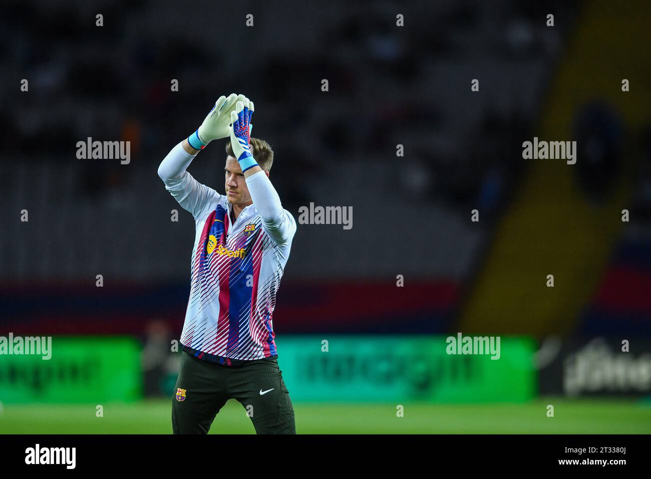 Barcelona, Esp. 22nd Oct, 2023. FC BARCELONA vs ATHELETIC CLUB OF BILBAO October 22, 2023 Goalkeeper of FC Barcelona Ter Stegen (1) warms up before the match between FC Barcelona and Athletic Club of Bilbao corresponding to the tenth day of La Liga EA Sports at Olimpic Stadium Lluis Companys of Montjuïc in Barcelona, Spain. Credit: rosdemora/Alamy Live News Stock Photo
