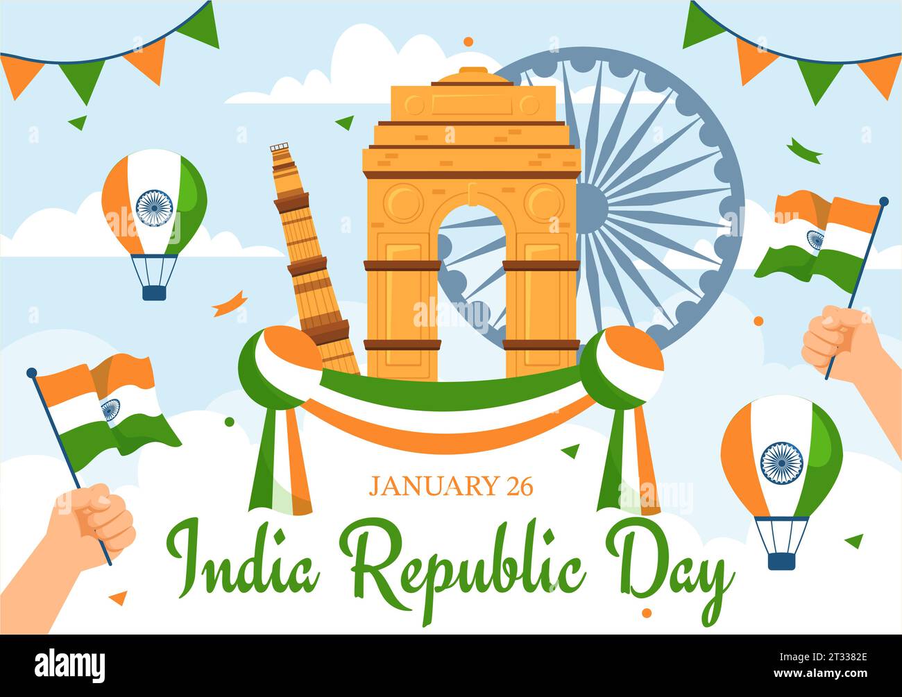 Happy India Republic Day Vector Illustration on 26 January with Indian Flag and Gate in Holiday National Celebration Flat Cartoon Background Design Stock Vector