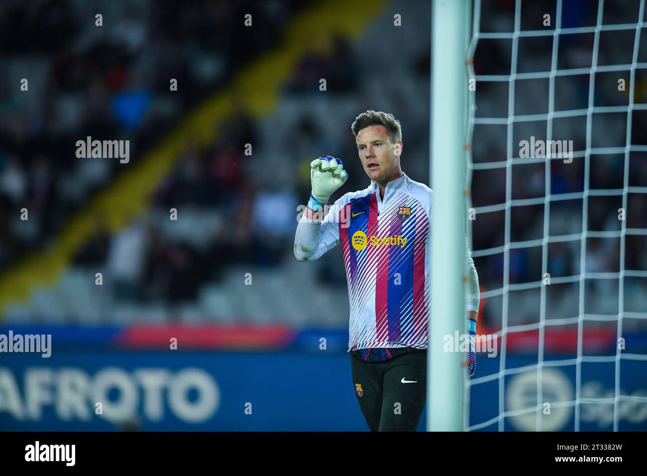 Barcelona, Esp. 22nd Oct, 2023. FC BARCELONA vs ATHELETIC CLUB OF BILBAO October 22, 2023 Goalkeeper of FC Barcelona Ter Stegen (1) warms up before the match between FC Barcelona and Athletic Club of Bilbao corresponding to the tenth day of La Liga EA Sports at Olimpic Stadium Lluis Companys of Montjuïc in Barcelona, Spain. Credit: rosdemora/Alamy Live News Stock Photo
