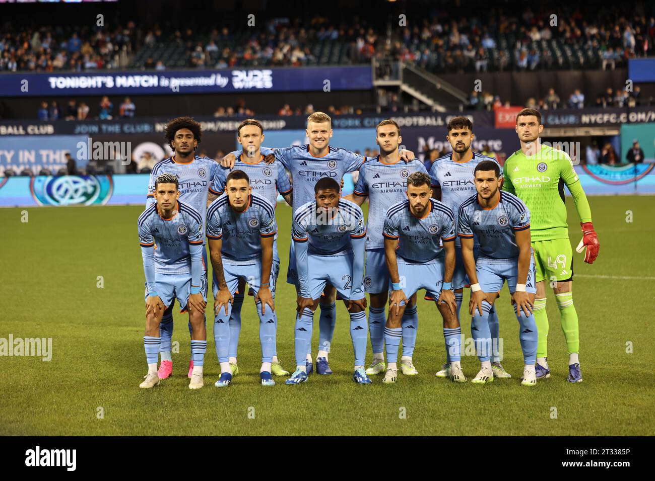 New York City FC starting lineup, Top from left to right: Thiago Martins, Birk Risa, Keaton Parks, James Sands, Thiago Martins, Matthew Freese. Bottom from left to right: Santiago Rodríguez, Julian Fernandez, Tayvon Gray, Kevin O'Toole, Monsef Bakrar before the Major League Soccer match against the Chicago Fire SC at Citi Field in Corona, New York, Saturday, Oct. 21, 2023. (Photo: Gordon Donovan) Stock Photo