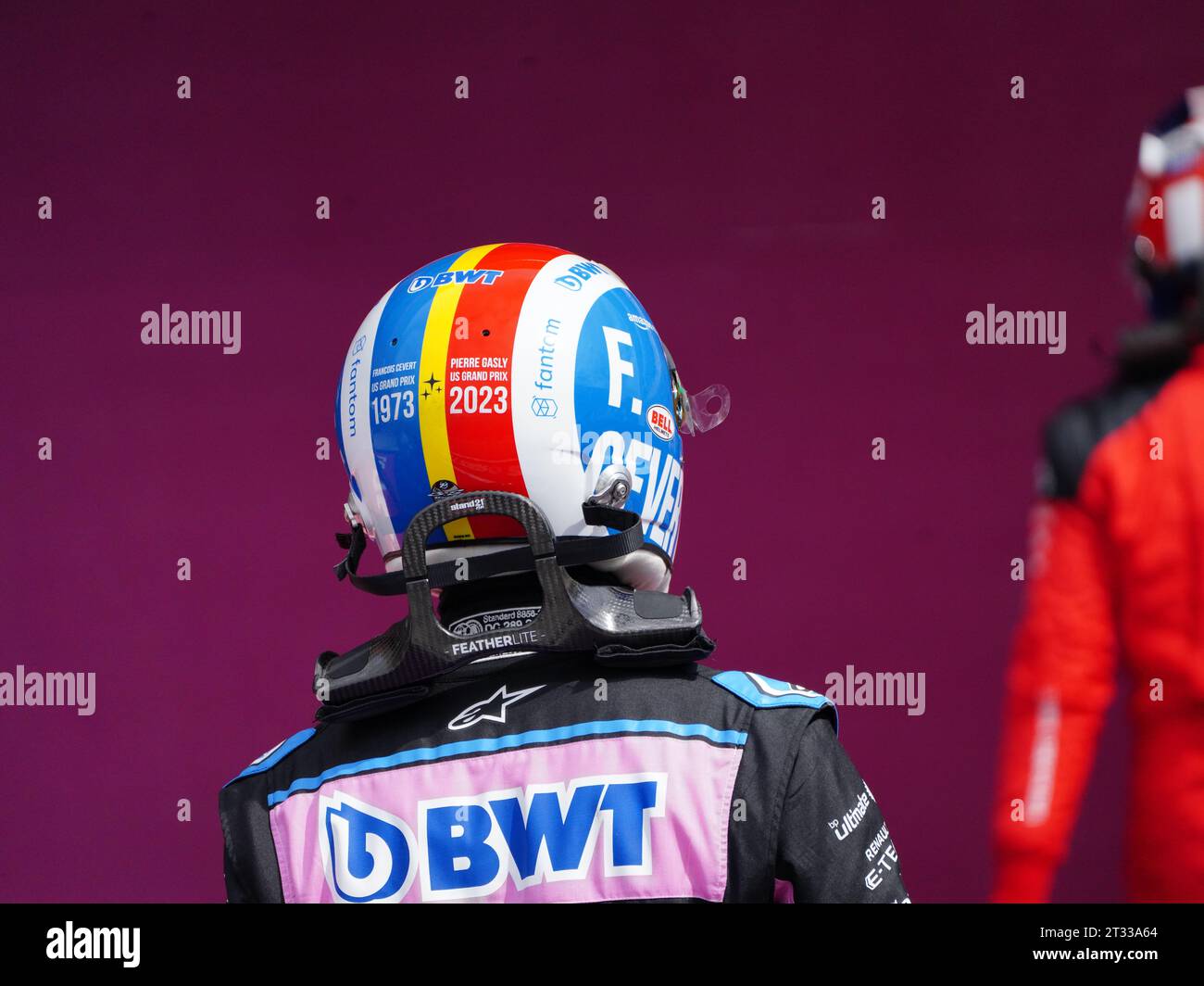 AUSTIN, TEXAS, USA on 21. OCTOBER 2023; #10, Pierre GASLY, FRA, Alpine F1 Team with a helmet in the design of Francois Cevert, F1 Tyrrell pilot who died in a crash during the US GP in Watkins Glen 1973. seen during the F1 Grand Prix in Austin, TEXAS, USA 2023, circuit of the Americas, US F1 GP, Formel 1, Formule 1 - Formula One Grand Prix on October 21 in Austin Texas - fee liable image - Photo Credit: © Haopeng ZHANG/ATP images (ZHANG Haopeng /ATP/SPP) Credit: SPP Sport Press Photo. /Alamy Live News Stock Photo