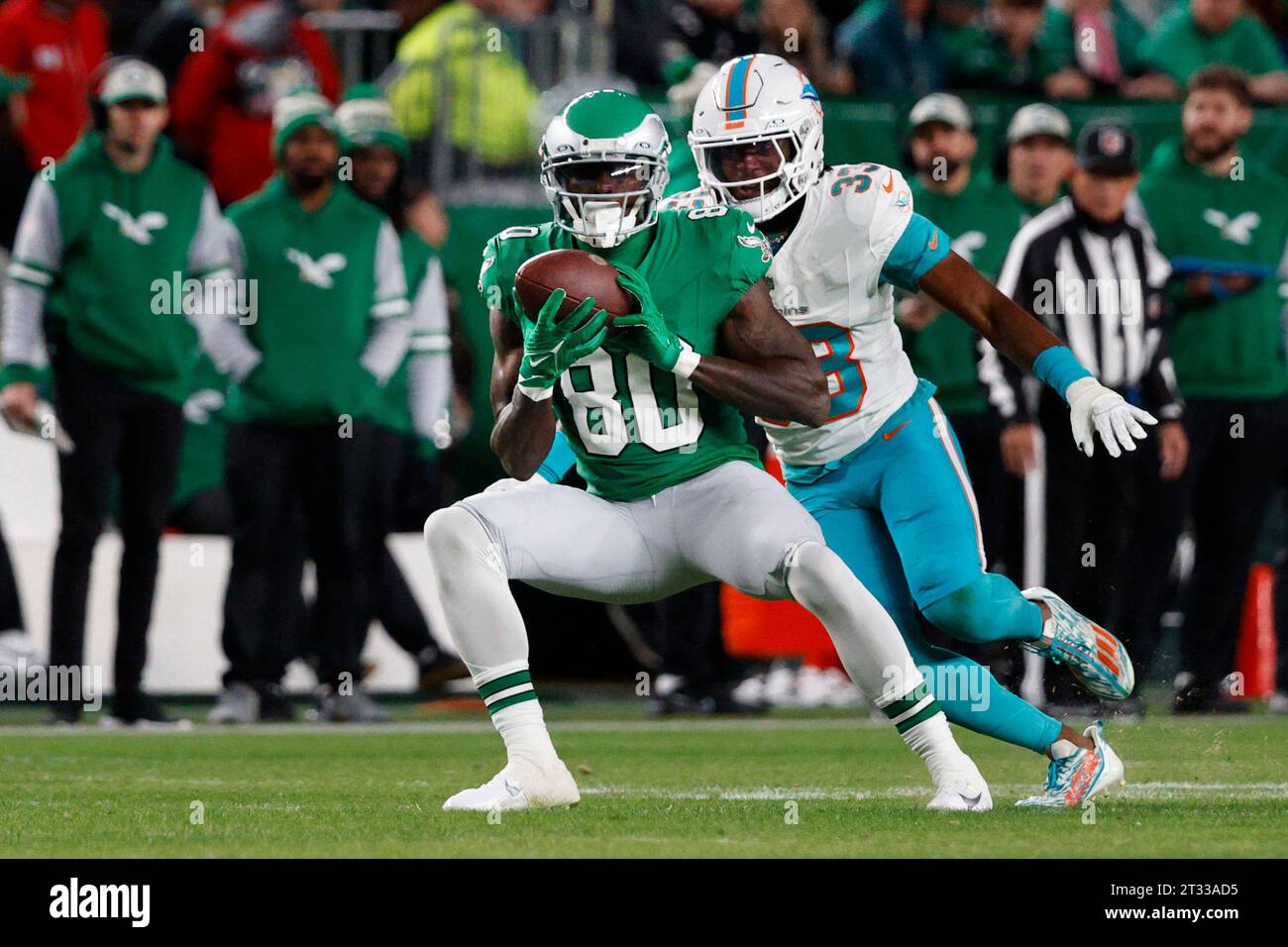 Philadelphia, United States. 22nd Oct, 2023. Philadelphia Eagles wide receiver Julio Jones (80) is brought down by Miami Dolphins cornerback Eli Apple (33) during the first half of NFL action at Lincoln Financial Field in Philadelphia on October 22, 2023. Credit: UPI/Alamy Live News Stock Photo