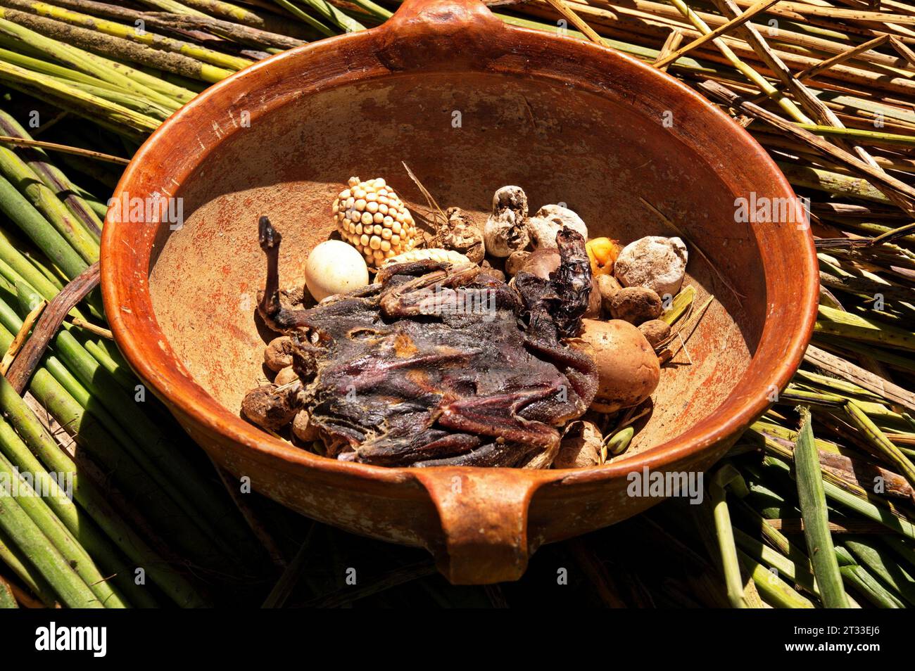 Ceramic bowl with food used on floating islands on lake Titicaca, Peru Stock Photo