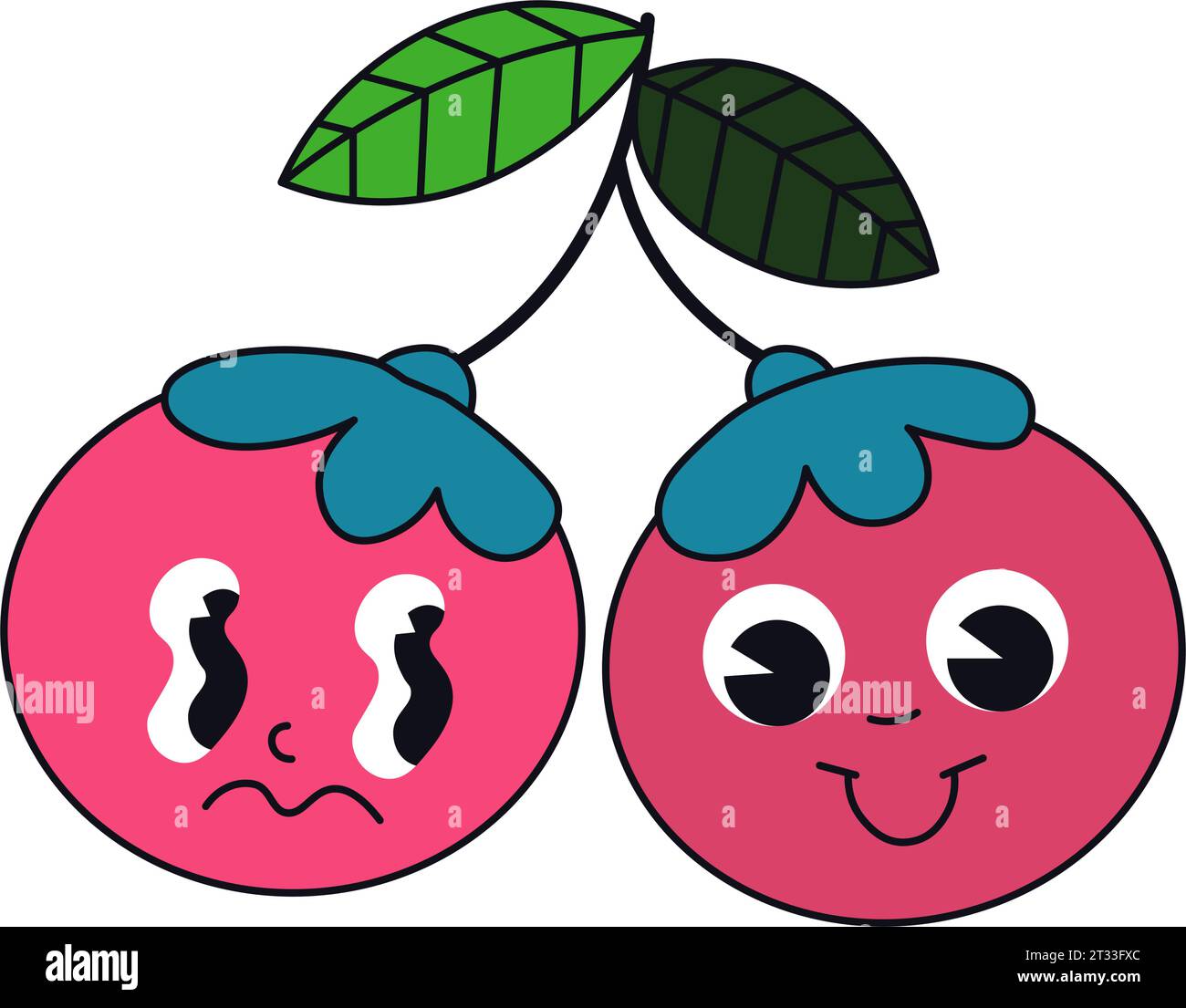 Sad and happy cherries characters on branch with leaves and stems. Cute