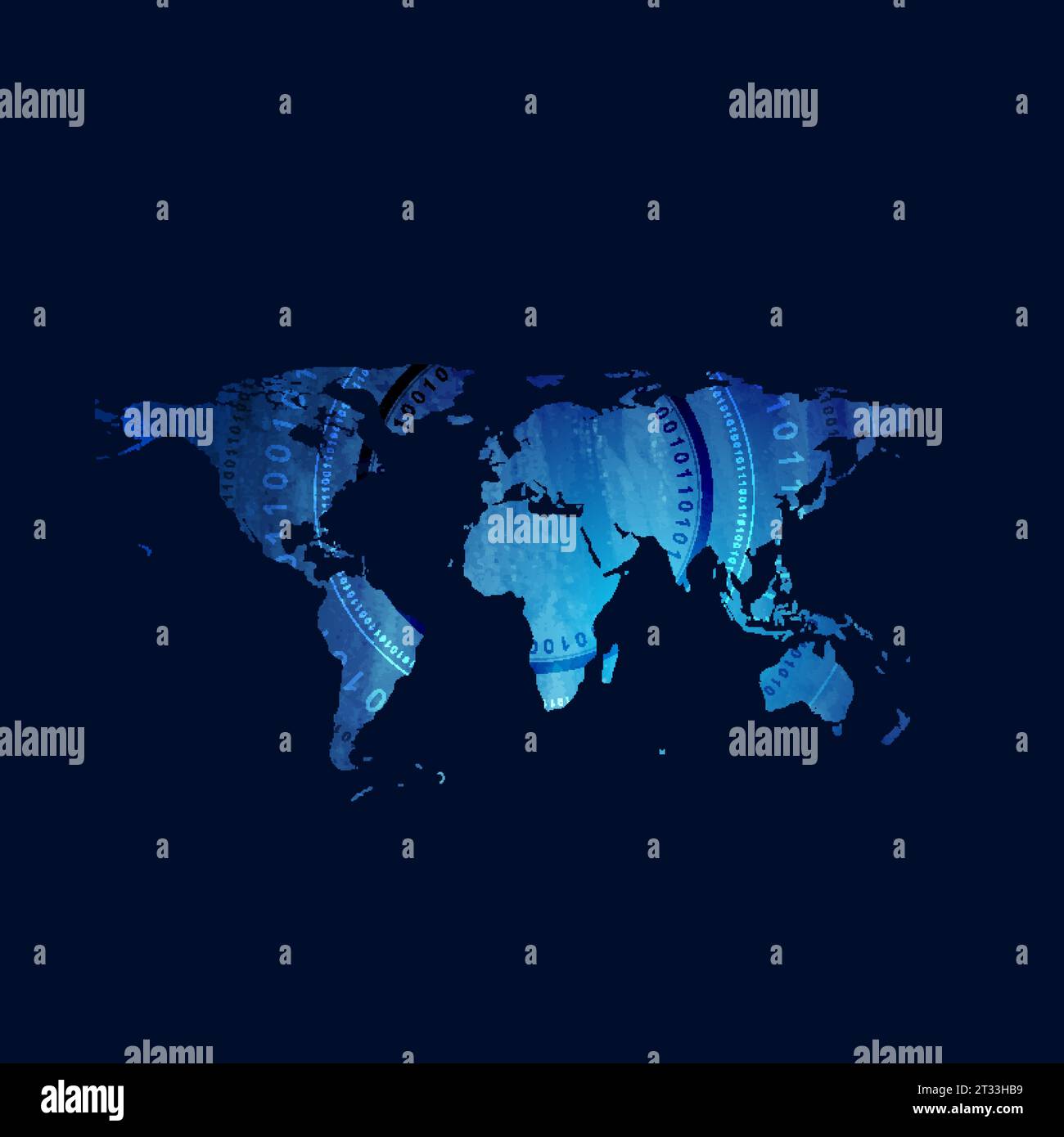 Dark blue grunge world map with round binary code elements abstract background. Watercolor effect vector technology design Stock Vector