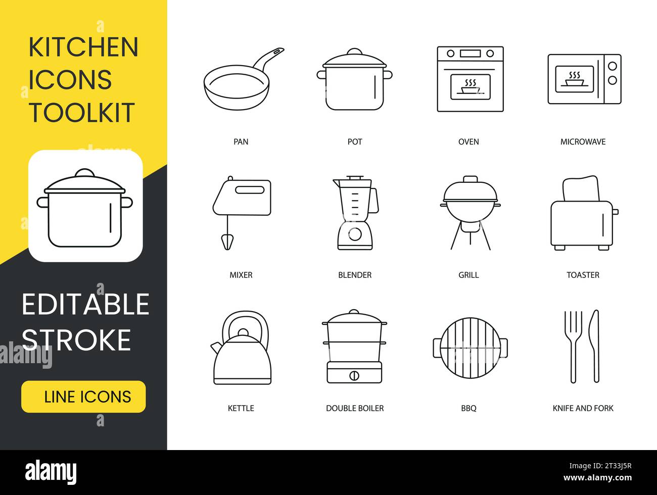 Enhance your culinary skills with this set, including a microwave oven, pot, pan, toaster, grill, blender, mixer, knife and fork, BBQ, double boiler Stock Vector