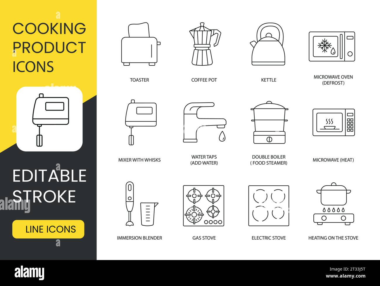 Enhance your culinary skills with this set, microwave oven, defrost, kettle, coffee pot, toaster, heating options, double boiler steamer, water taps Stock Vector