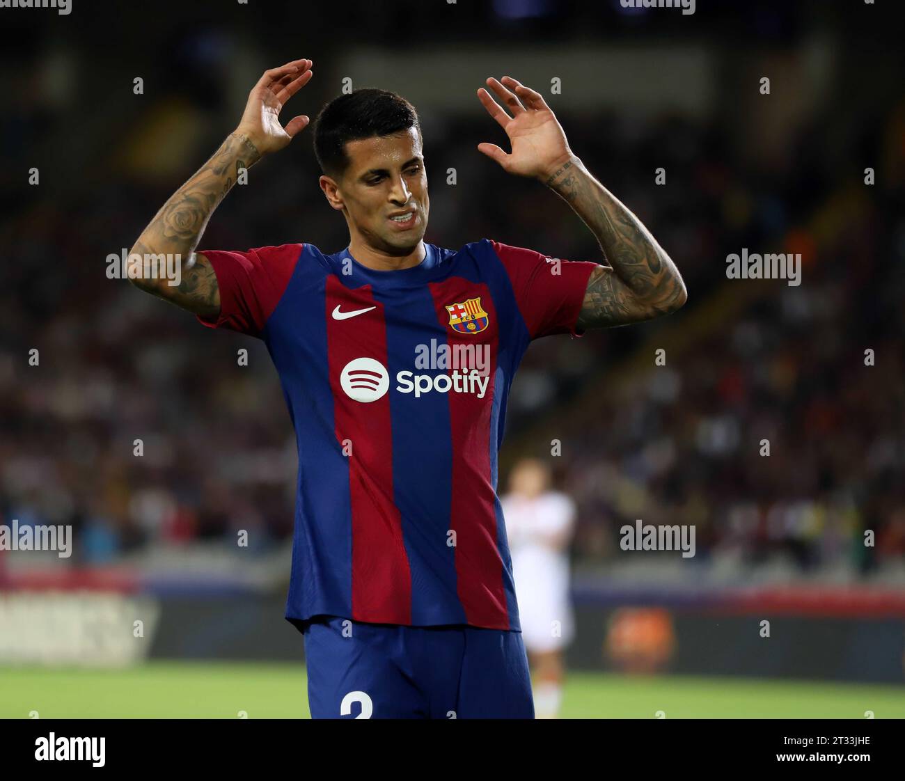 Sabadell, Barcelona, Spain. 22nd Oct, 2023. Barcelona Spain 22.10.2023 Joao Cancelo (FC Barcelona) gestures during the La Liga EA Sports between FC Barcelona and Athletic Club at Estadi Olimpic Lluis Companys on 22 October 2023 in Barcelona. (Credit Image: © Xavi Urgeles/ZUMA Press Wire) EDITORIAL USAGE ONLY! Not for Commercial USAGE! Stock Photo