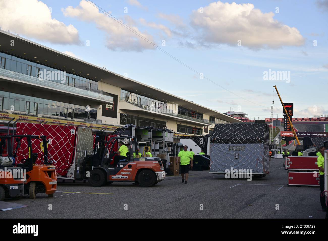 F1 teams air containers packages during the 2023 Formula 1 Lenovo United States Grand Prix, 18th round of the 2023 Formula One World Championship from October 20 to 22, 2023 on the Circuit of The Americas, in Austin, USA Stock Photo