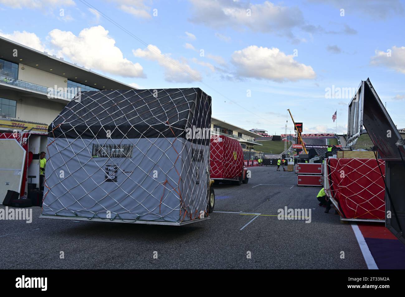 F1 teams air containers packages during the 2023 Formula 1 Lenovo United States Grand Prix, 18th round of the 2023 Formula One World Championship from October 20 to 22, 2023 on the Circuit of The Americas, in Austin, USA Stock Photo