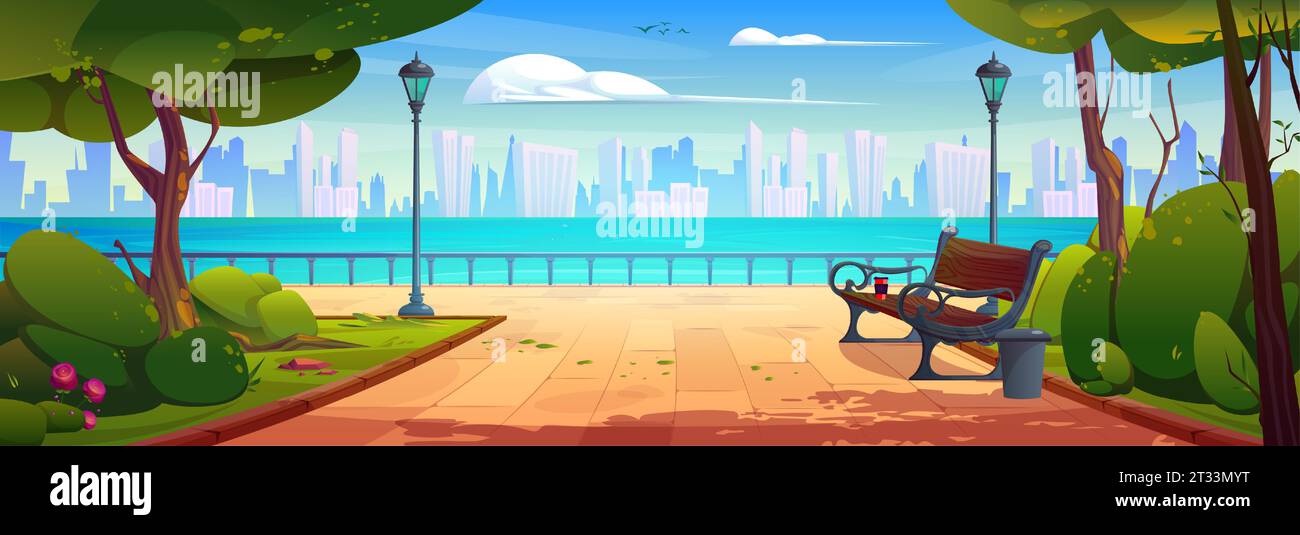 City river promenade with bench in summer park. Vector cartoon illustration of public garden with flowers, green lawn, trees, lanterns and waste bin, modern cityscape on horizon, birds flying in sky Stock Vector