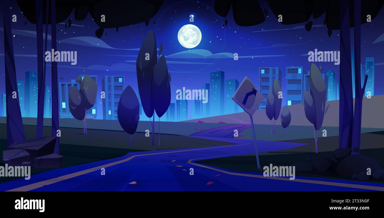Night road to city in forest landscape background. Urban building perspective view on skyline. Beautiful metropolis above full moon light and stars in sky concept. Far cityscape scenery in valley Stock Vector