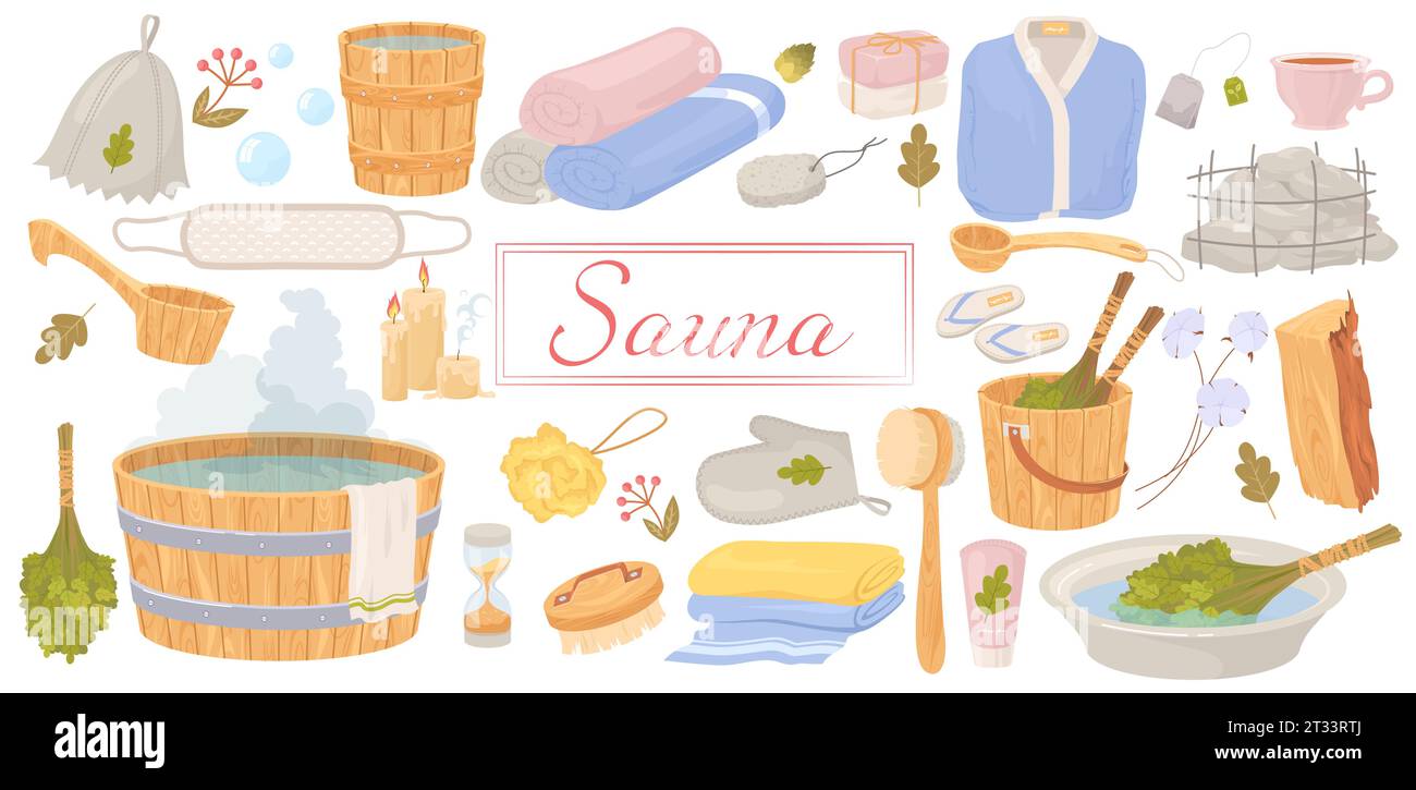 Sauna hygiene accessories, bath tools and equipment set Stock Vector