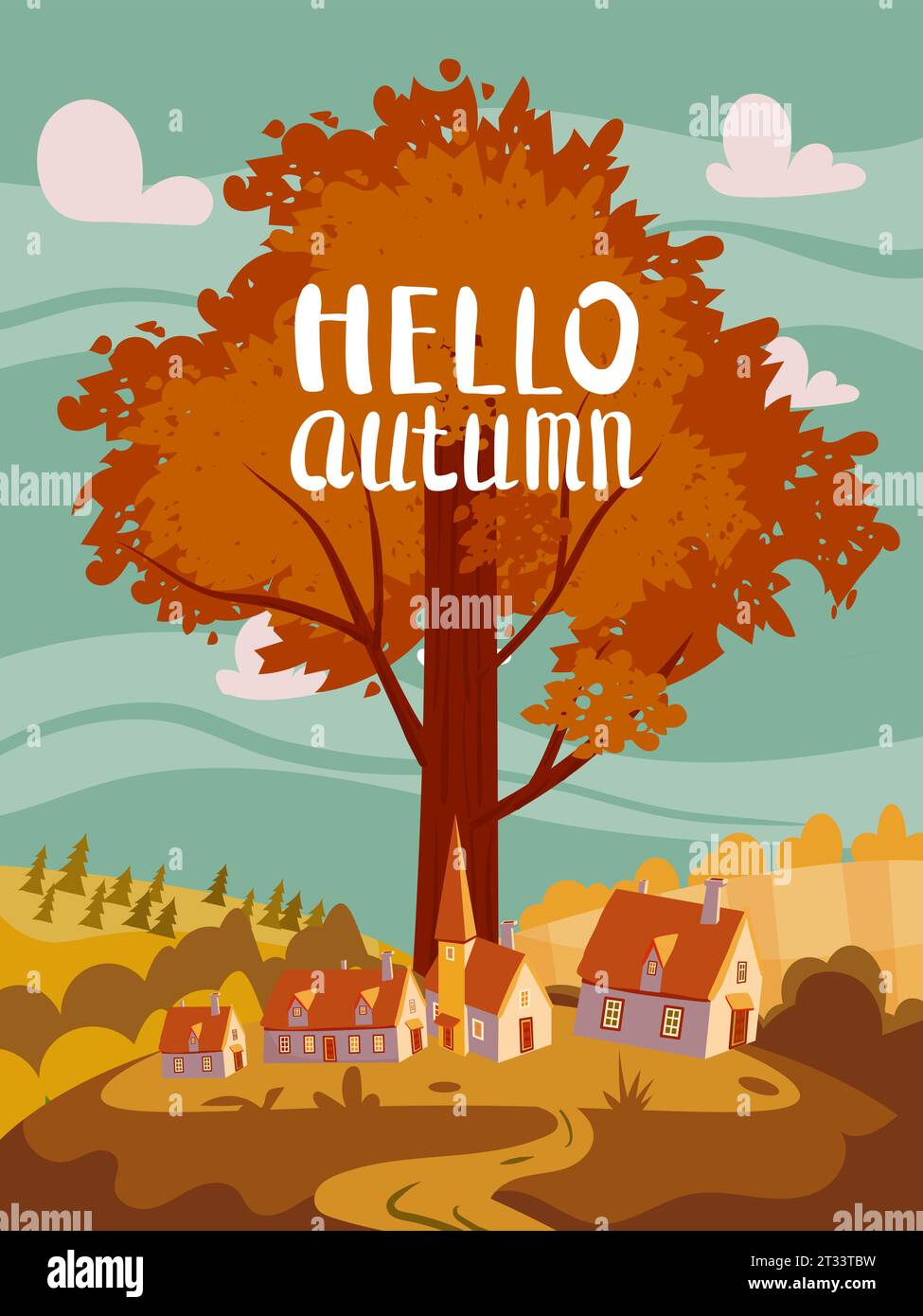 Hello Autumn countryside landscape, fall tree, farm, rural village