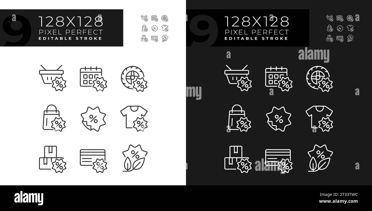 2D editable pixel perfect dark and light discounts icons Stock Vector