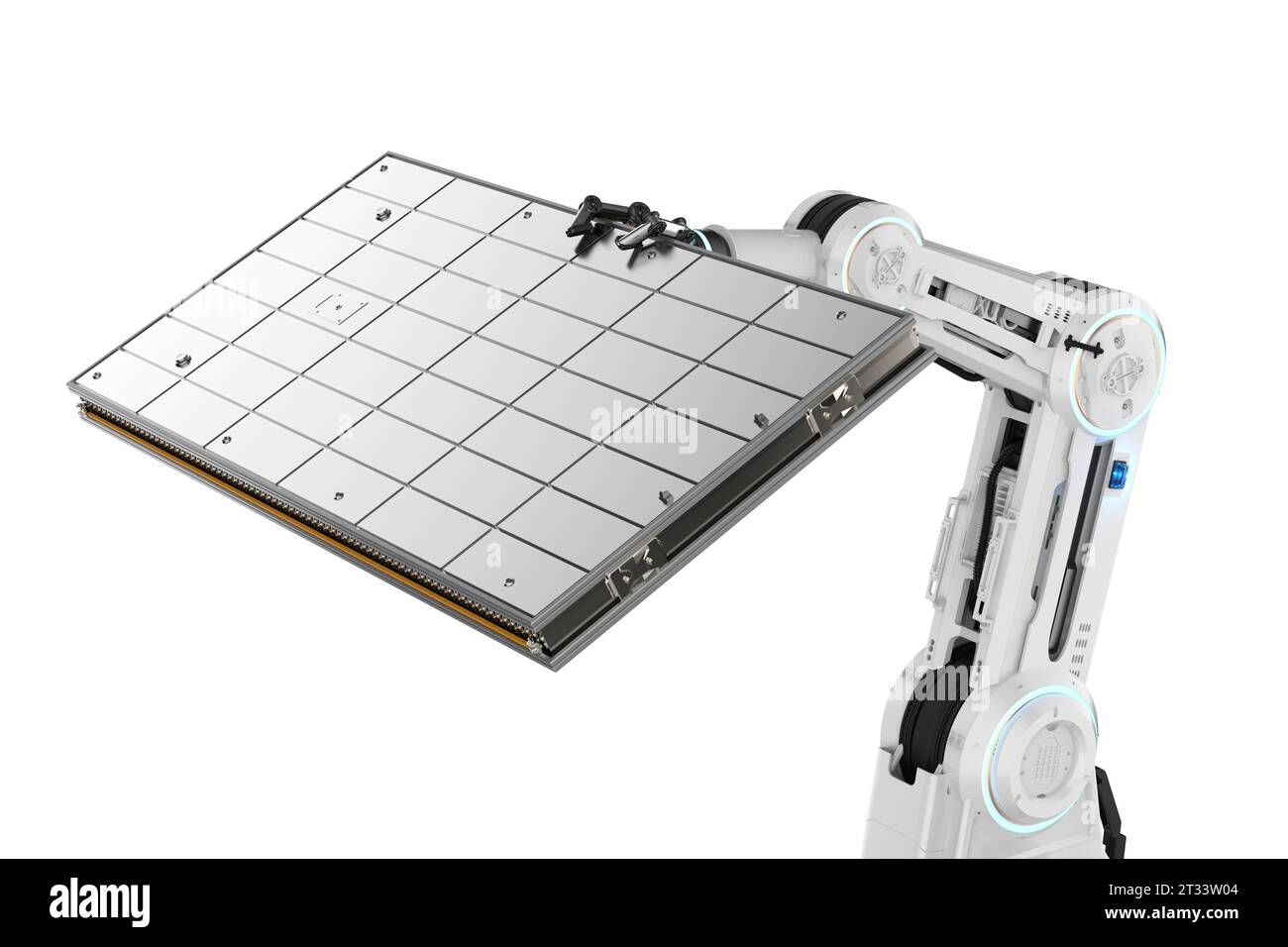 Automation battery manufacturing with 3d rendering electric car battery produced by robotic arms  isolated Stock Photo