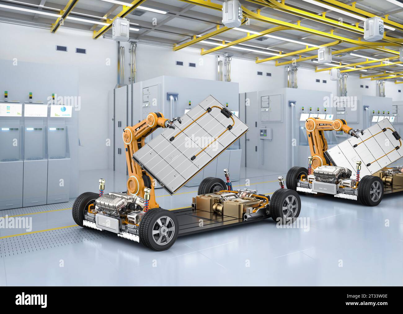 Automation automobile factory concept with 3d rendering robot assembly line with electric car battery cells module on platform Stock Photo