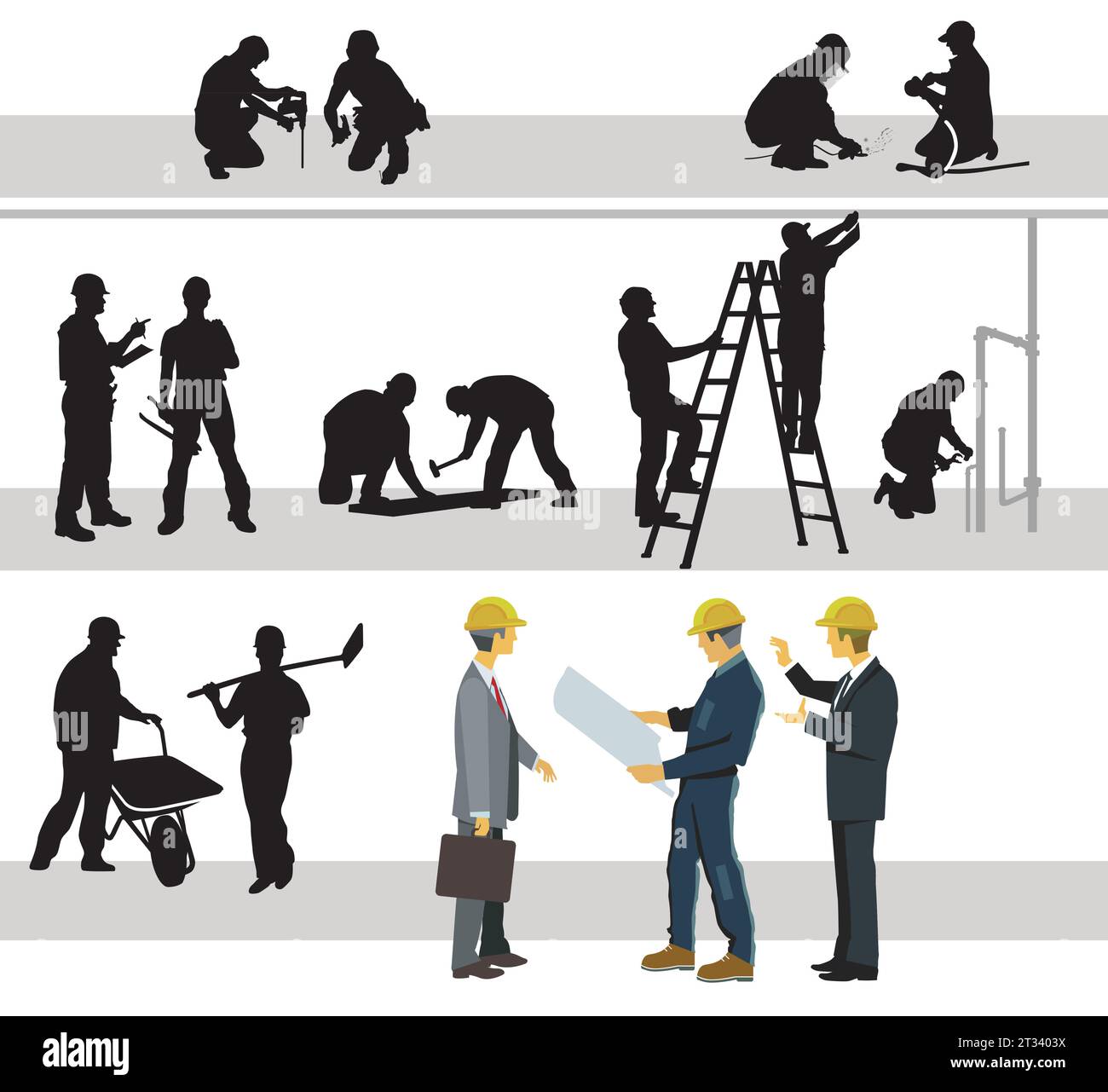 House building construction site with construction workers illustration Stock Vector