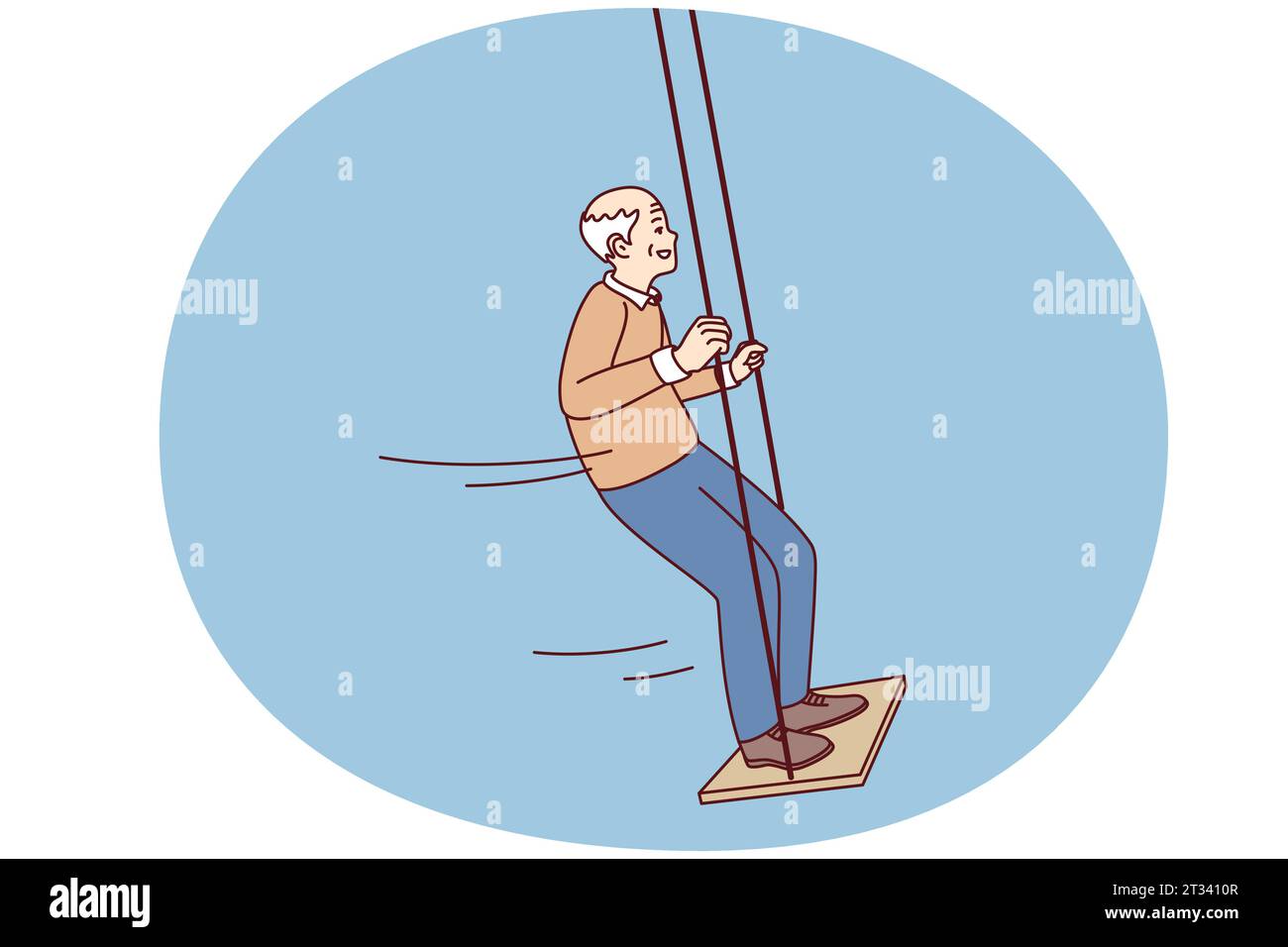 Happy energetic old man have fun on swing enjoy maturity. Smiling mature grandfather swinging outdoors show activity and energy on pension. Vector illustration. Stock Vector