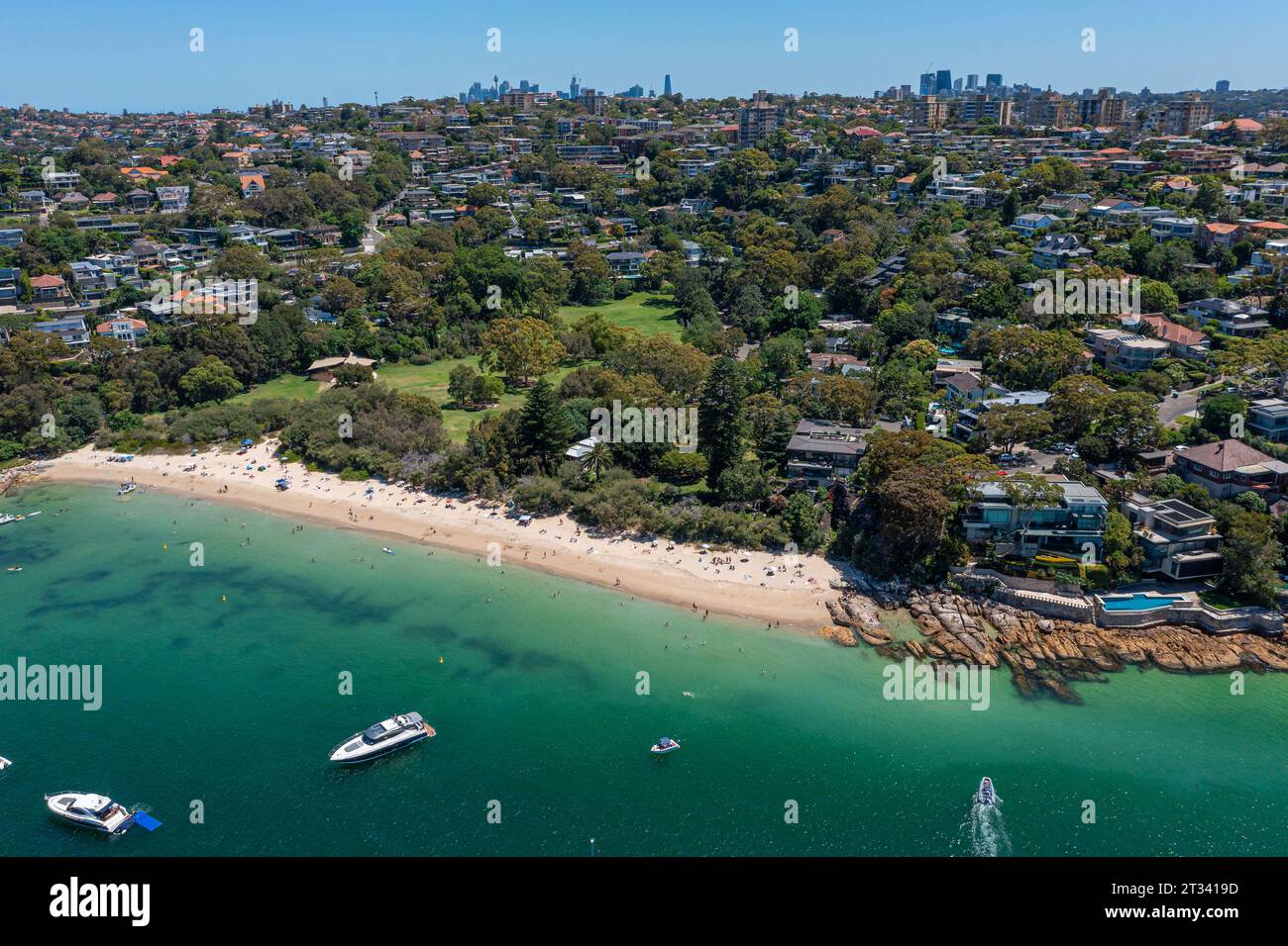 Panoramic drone aerial view over Cobblers Bay and Chinamans Beach in Mosman, Northern Beaches area of Sydney, Australia. Stock Photo