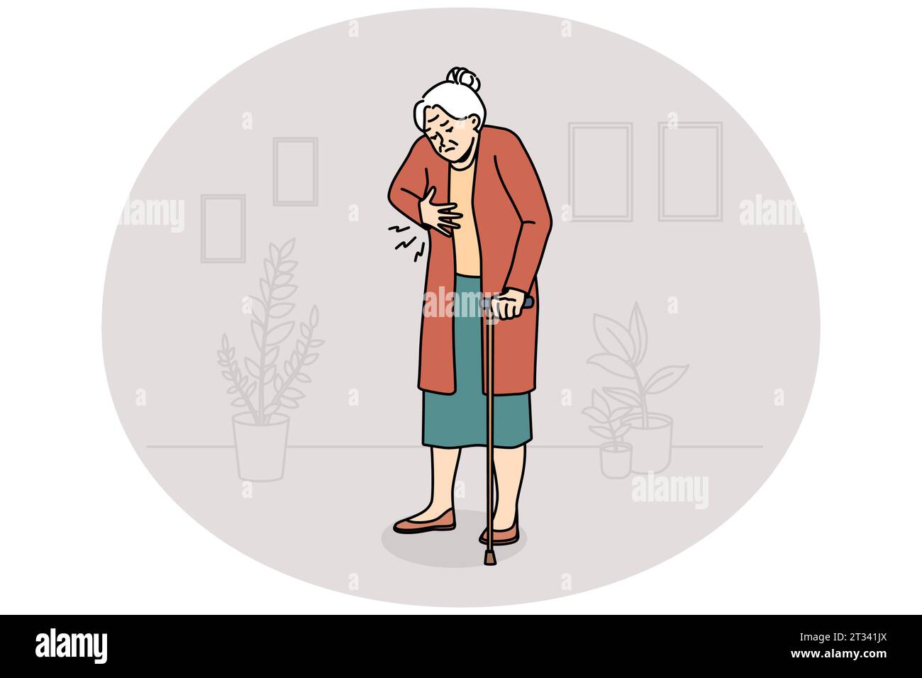 Unhealthy elderly woman touch heart suffer from pain. Unwell mature grandmother struggle with cardiac arrest or infarction. Healthcare concept. Vector illustration. Stock Vector