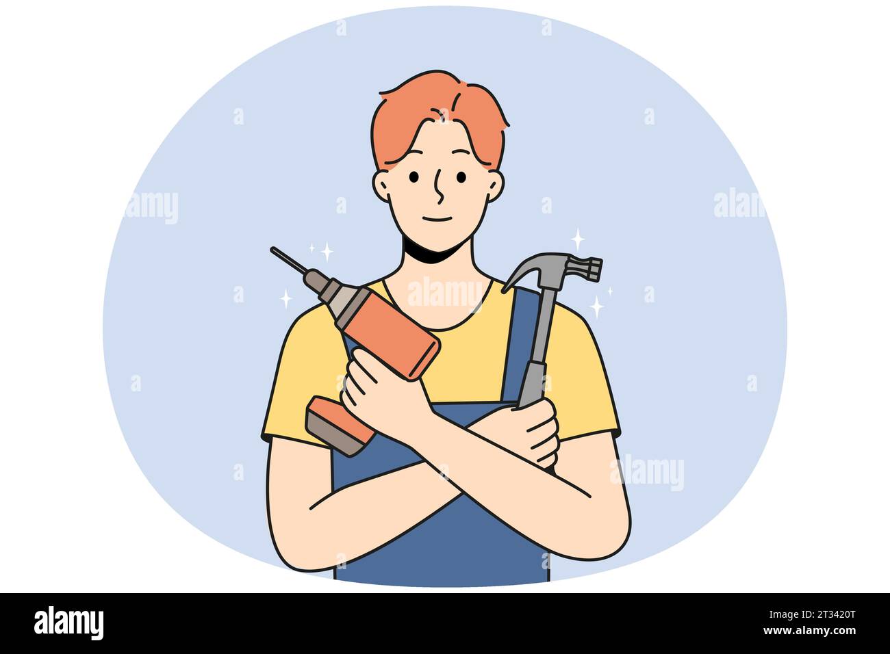 professional repairman in uniform holding hammer and toolbox home