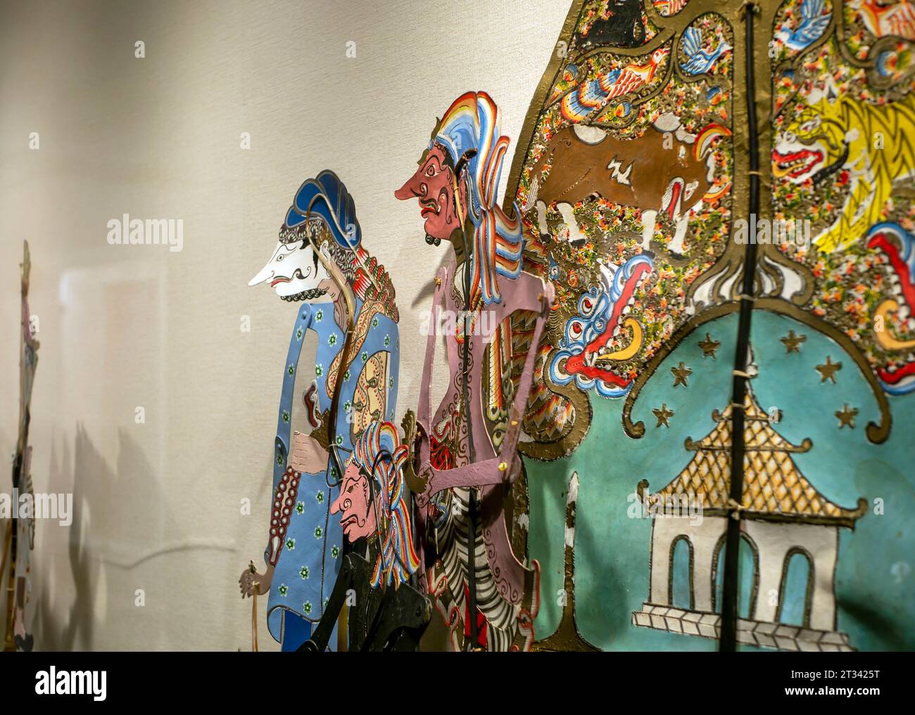 Wayang kulit, shadow puppets,  a traditional javanese art, from Java, Indonesia. Stock Photo