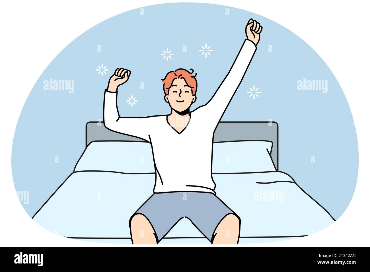 Happy young man stretch waking up in home bedroom. Smiling guy excited with good morning in bed do morning gymnastics. Vector illustration. Stock Vector